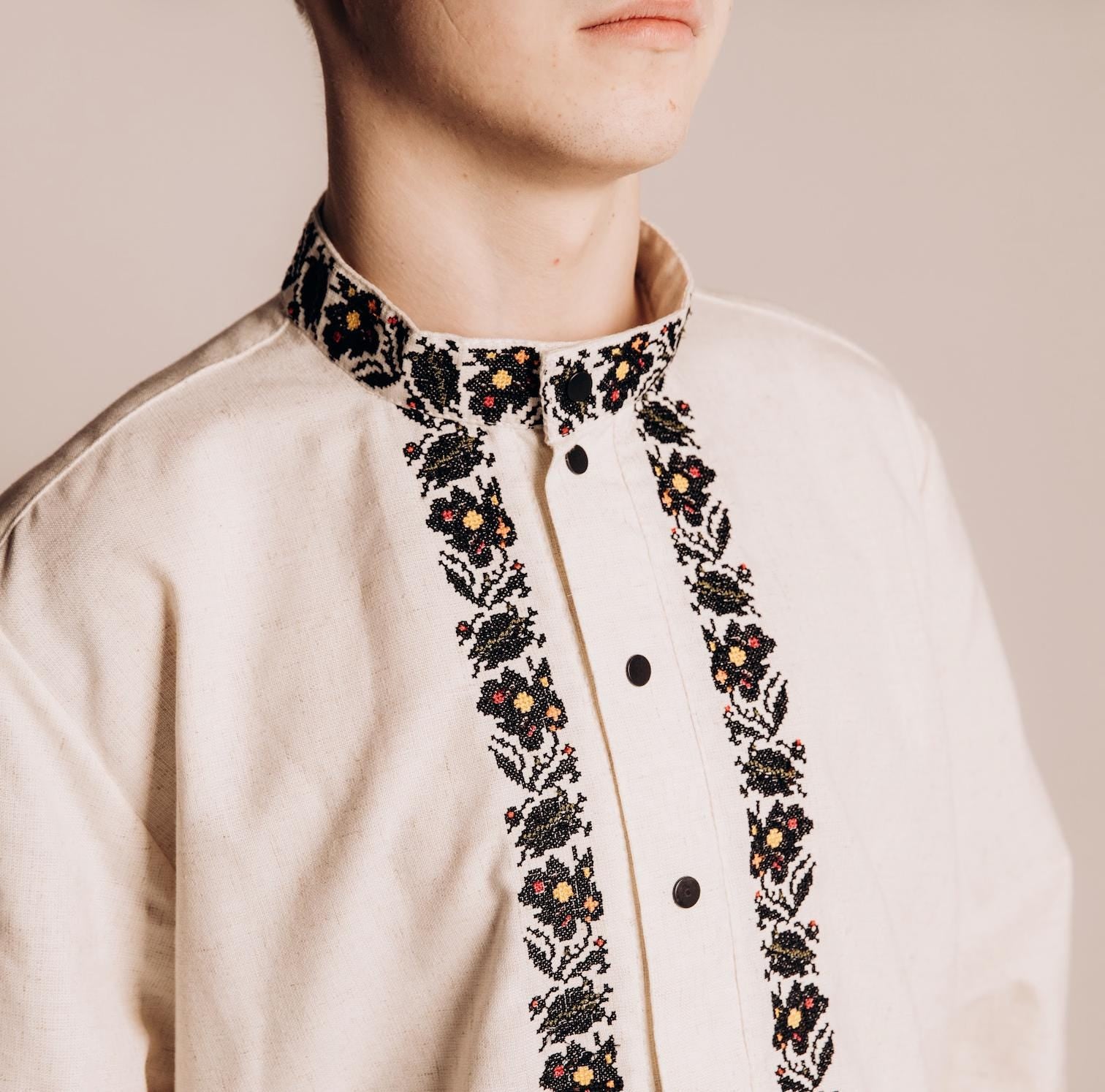 Men’s Ukrainian Embroidered Shirt | Beige Vyshyvanka | Traditional Podillia Pattern