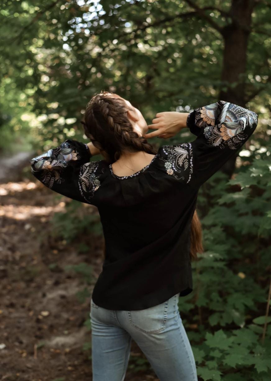 Black Linen Vyshyvanka Blouse | Hand Embroidered Ukrainian Shirt | Petrikivka Floral Embroidery