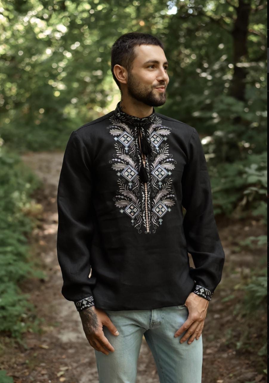 Black Linen Vyshyvanka Blouse | Hand Embroidered Ukrainian Shirt | Petrikivka Floral Embroidery