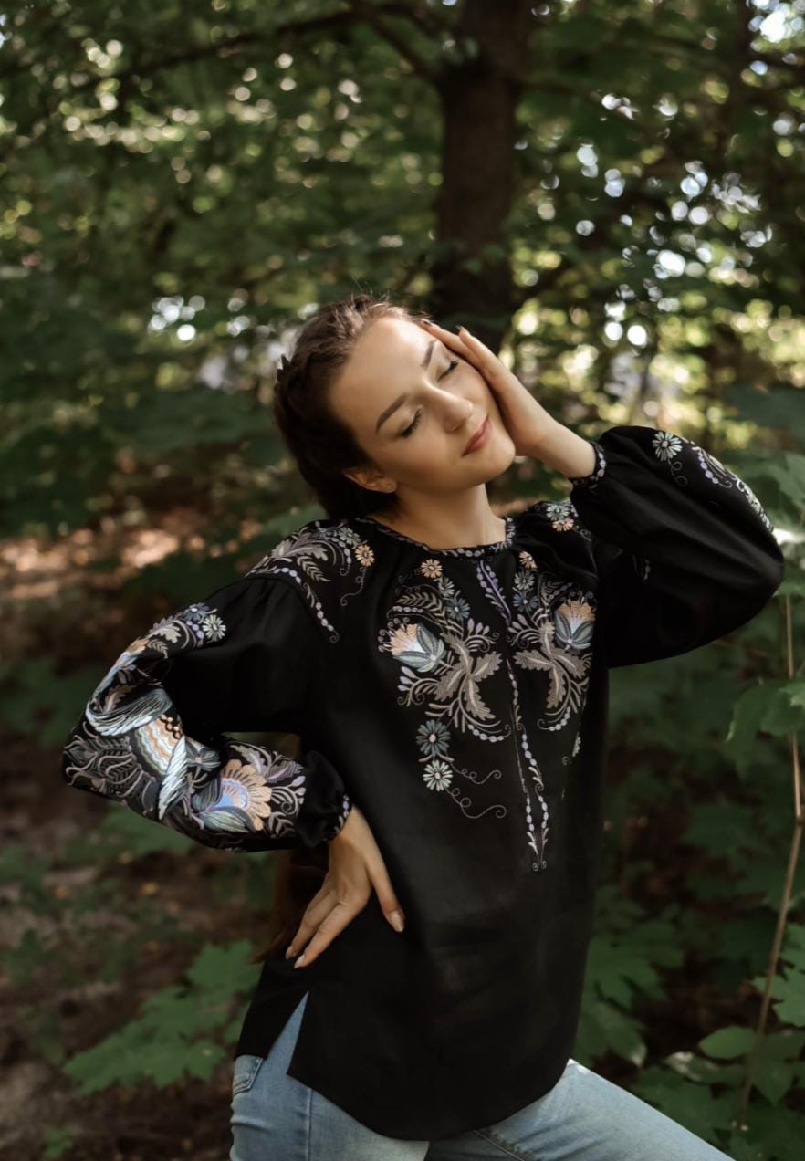 Black Linen Vyshyvanka Blouse | Hand Embroidered Ukrainian Shirt | Petrikivka Floral Embroidery