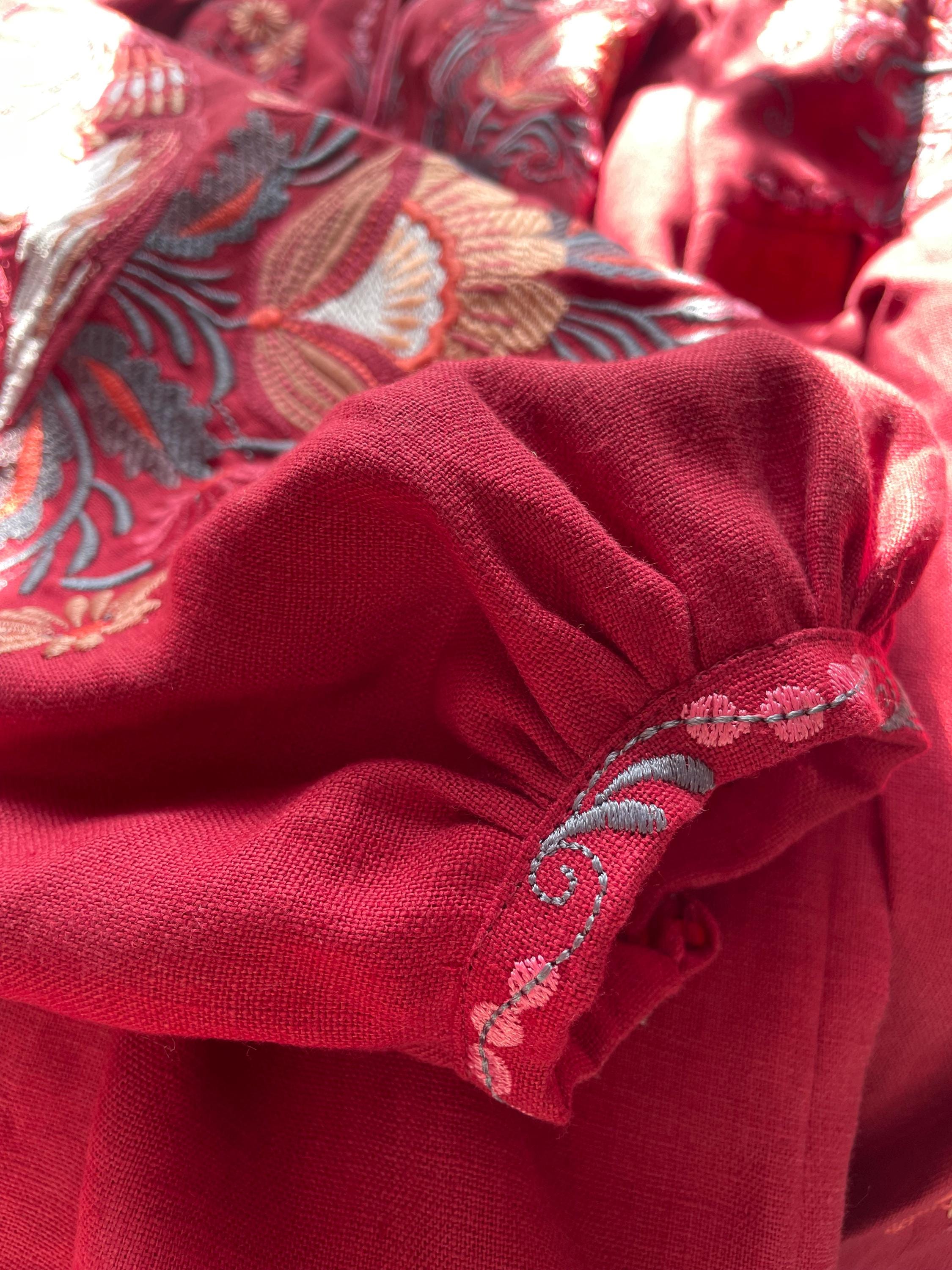 Burgundy Linen Vyshyvanka, Petrykivka Floral Boho Top, Ukrainian Embroidered Blouse, Folk Peasant Shirt