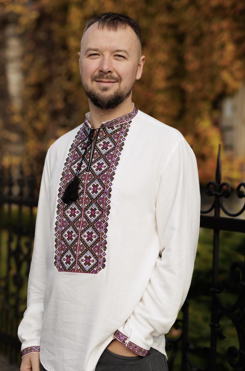 Men’s Ukrainian Embroidered Shirt | Linen Viscose Vyshyvanka | Podillia Geometric Folk Pattern | Handmade Custom Size | Matching Couple Set