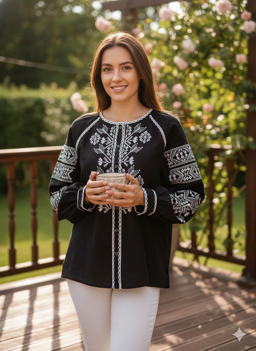 Black Embroidered Blouse for Women | Ukrainian Vyshyvanka | Machine Embroidery