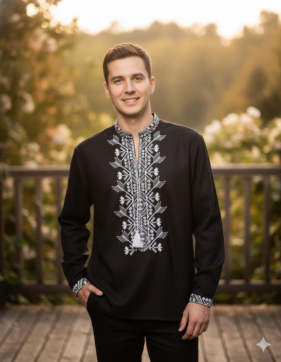 Black Embroidered Shirt for Men | Ukrainian Vyshyvanka | Machine Embroidery | Matching Couple Outfit | Handmade Gift from Ukraine