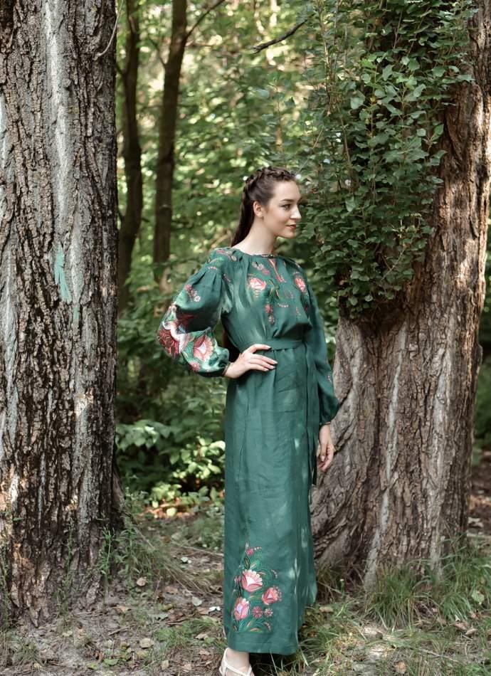 Embroidered Linen Dress for Women | Green Vyshyvanka with Petrykivka Floral Design