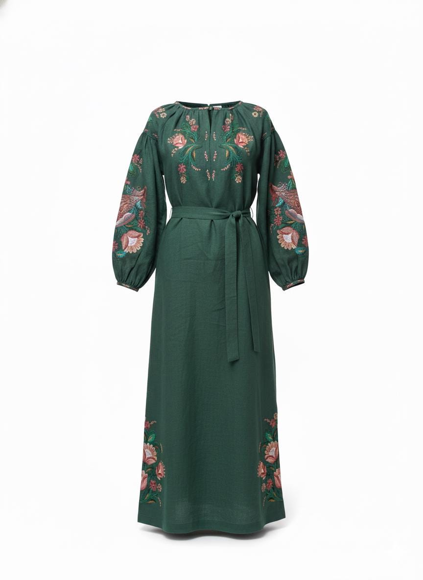 Embroidered Linen Dress for Women | Green Vyshyvanka with Petrykivka Floral Design