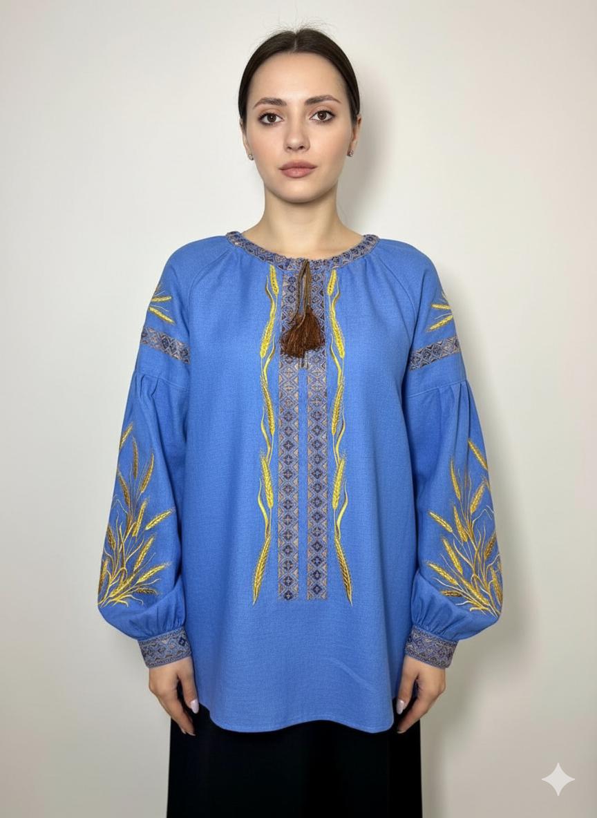 Blue Linen Viscose Blouse, Golden Wheat Embroidery, Ukrainian Vyshyvanka, Boho Peasant Top, Custom Fit Shirt