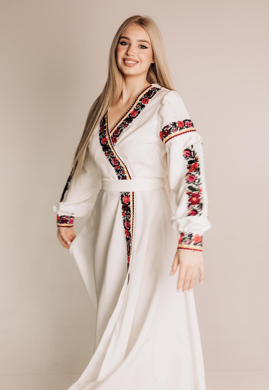 Ukrainian Embroidered Dress for Women | White Vyshyvanka with Bright Borshchiv Pattern | Wedding & Holiday Outfit
