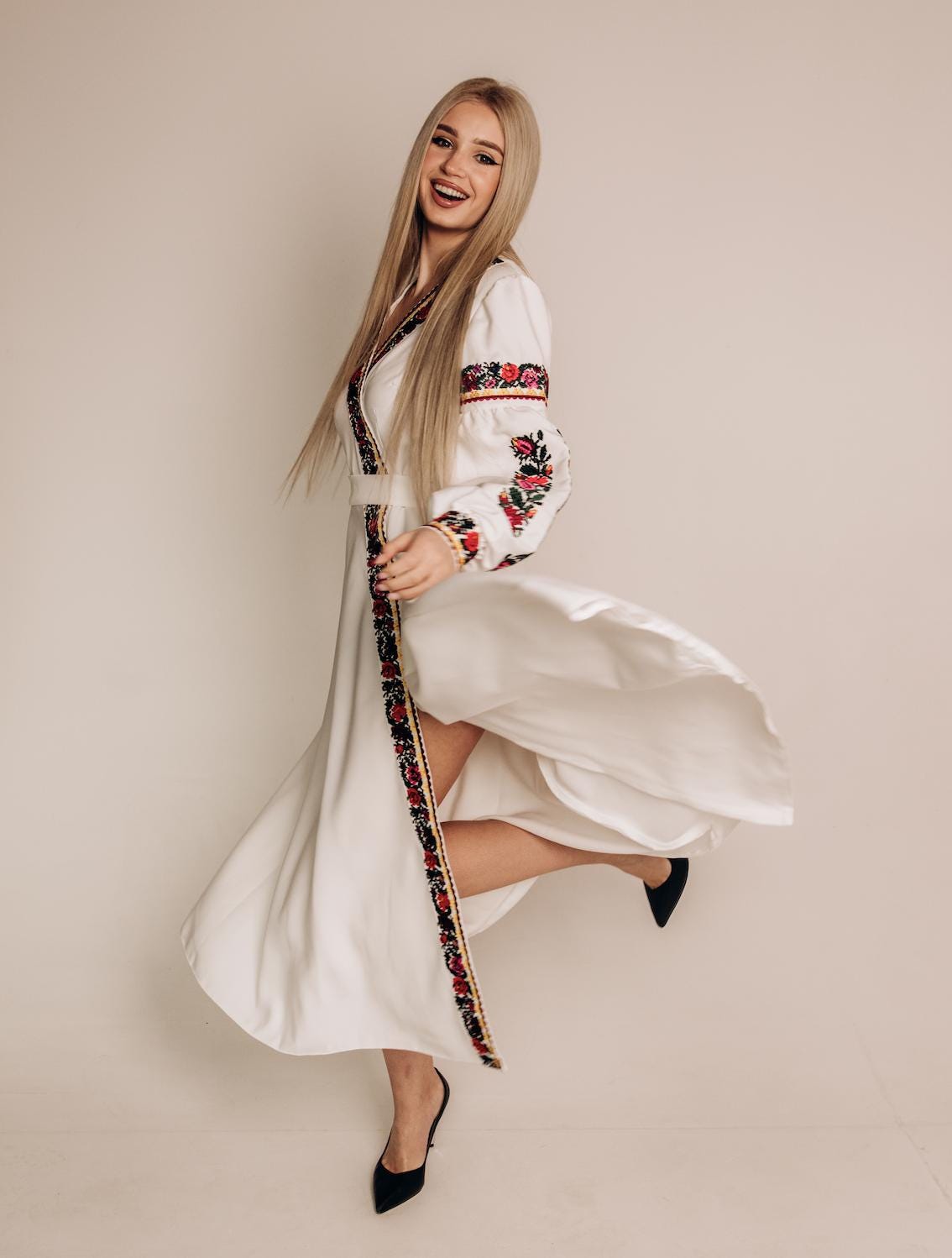 Ukrainian Embroidered Dress for Women | White Vyshyvanka with Bright Borshchiv Pattern | Wedding & Holiday Outfit