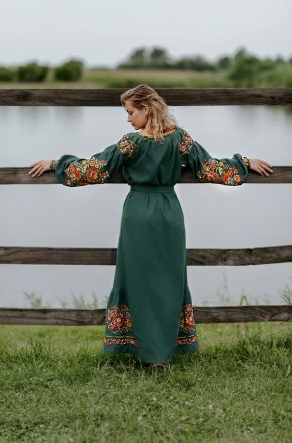 Green Linen Vyshyvanka Dress, Embroidered Boho Maxi Gown, Ukrainian Folk Clothing, Long Sleeve Kaftan, Wedding Guest Gift