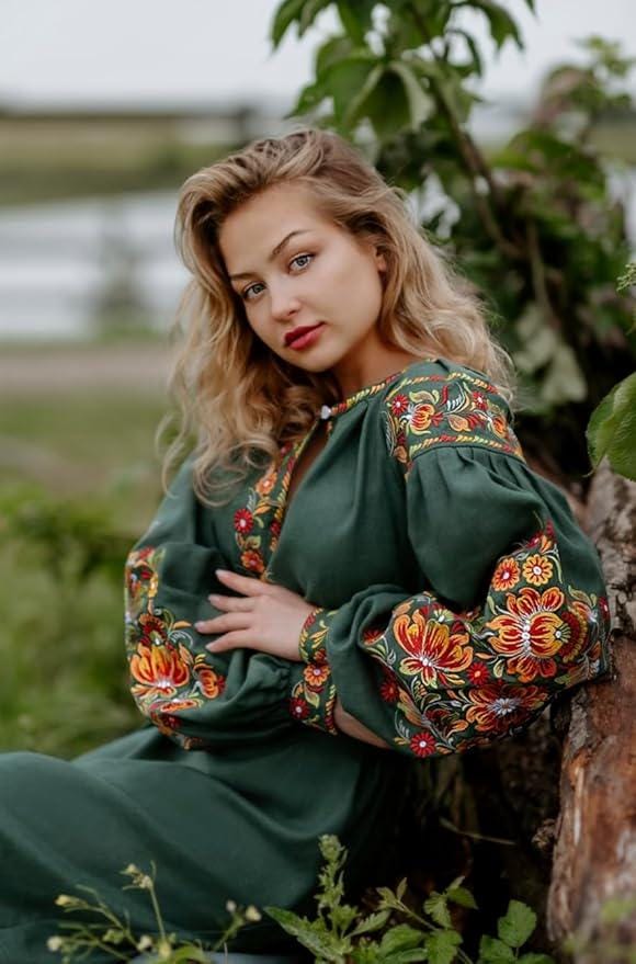 Embroidered Linen Dress for Women | Green Vyshyvanka with Petrykivka Floral Design