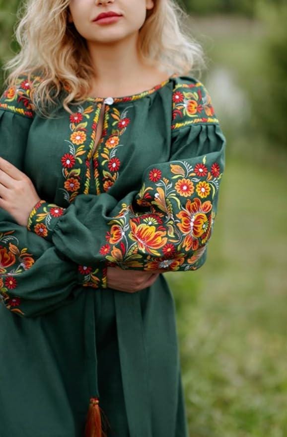 Embroidered Linen Dress for Women | Green Vyshyvanka with Petrykivka Floral Design