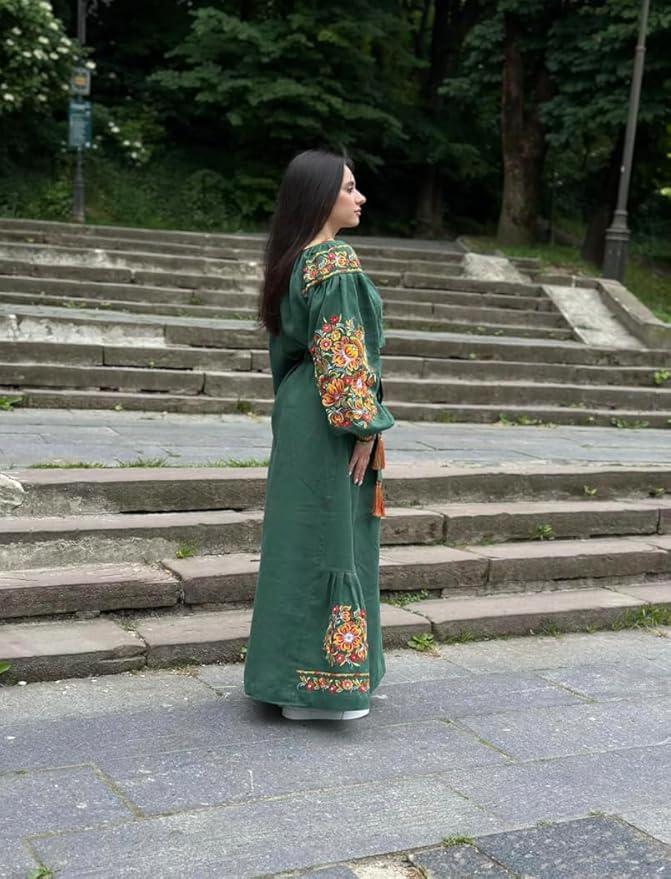 Green Linen Vyshyvanka Dress, Embroidered Boho Maxi Gown, Ukrainian Folk Clothing, Long Sleeve Kaftan, Wedding Guest Gift