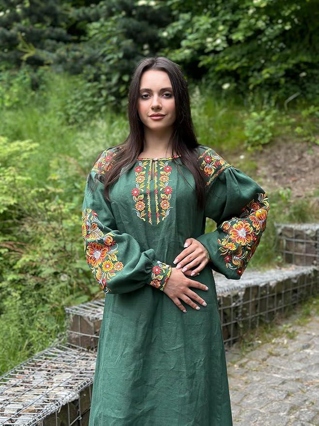 Embroidered Linen Dress for Women | Green Vyshyvanka with Petrykivka Floral Design