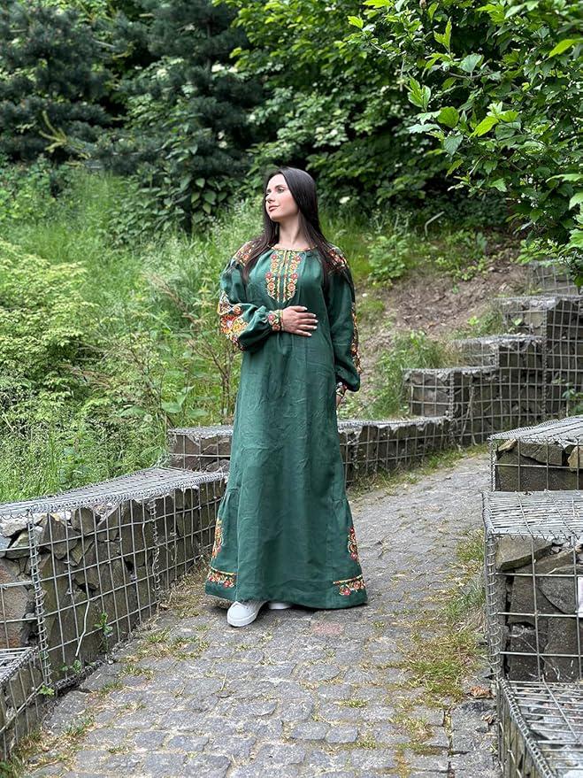 Embroidered Linen Dress for Women | Green Vyshyvanka with Petrykivka Floral Design