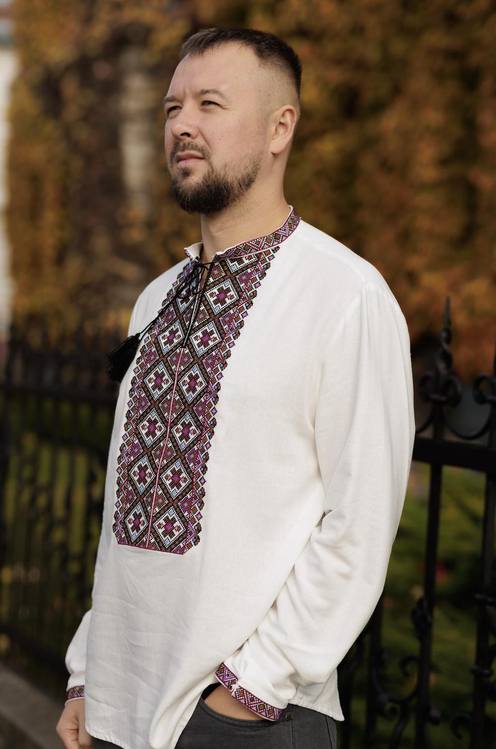 Men’s Ukrainian Embroidered Shirt | Linen Viscose Vyshyvanka | Podillia Geometric Folk Pattern | Handmade Custom Size | Matching Couple Set