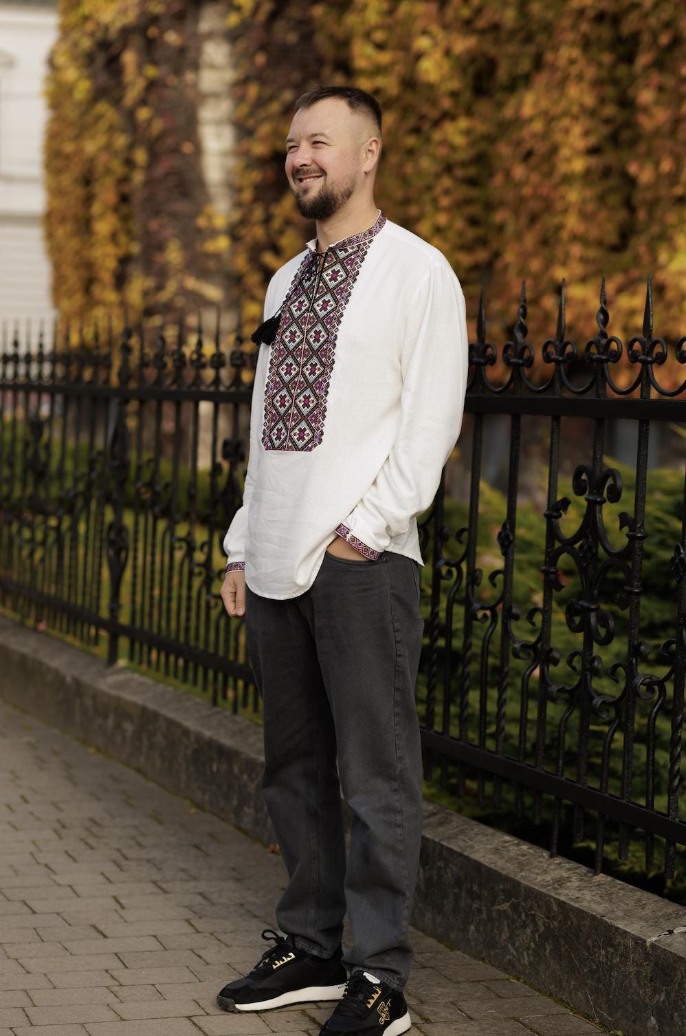 Men’s Ukrainian Embroidered Shirt | Linen Viscose Vyshyvanka | Podillia Geometric Folk Pattern | Handmade Custom Size | Matching Couple Set