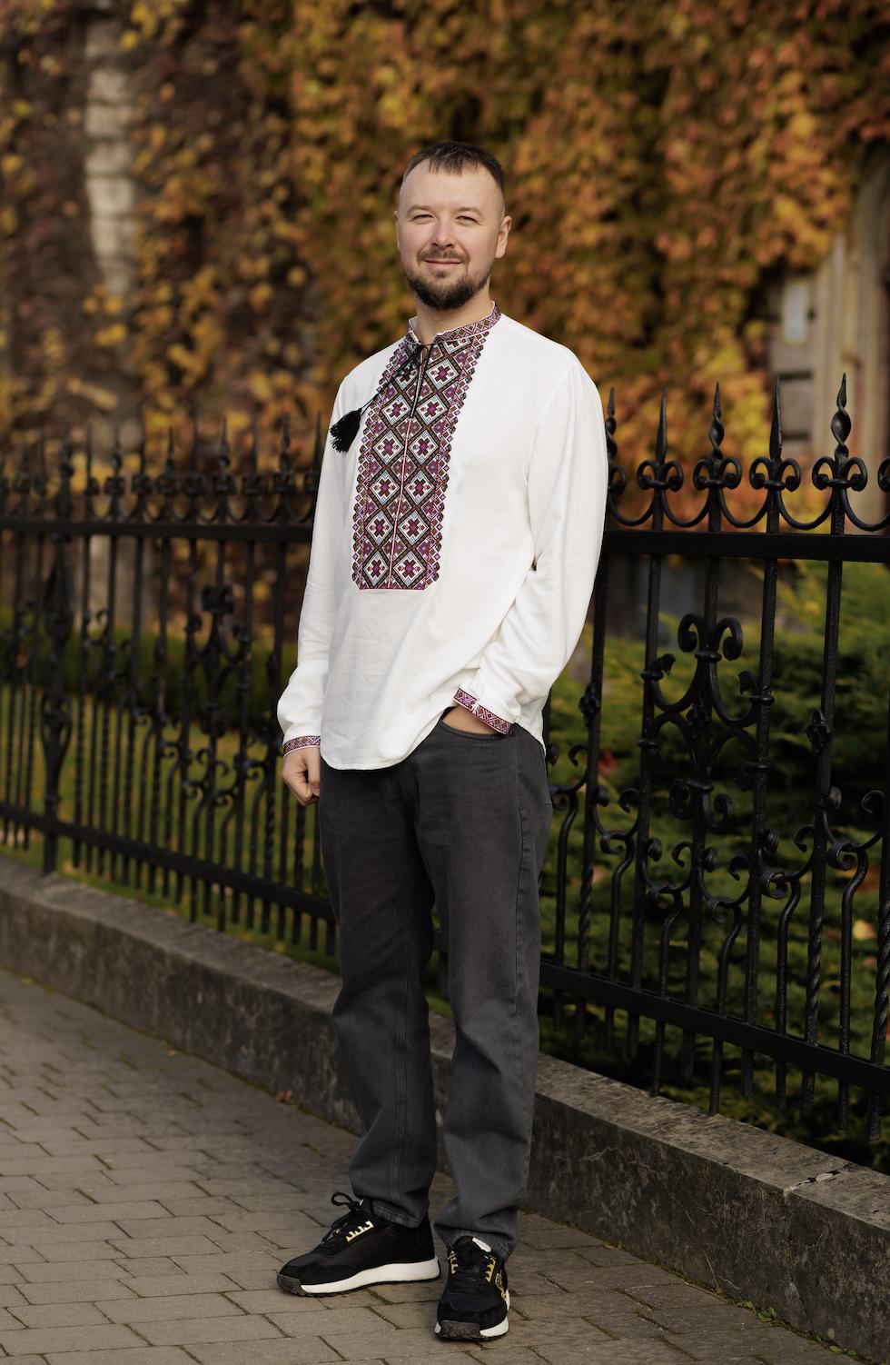 Men’s Ukrainian Embroidered Shirt | Linen Viscose Vyshyvanka | Podillia Geometric Folk Pattern | Handmade Custom Size | Matching Couple Set