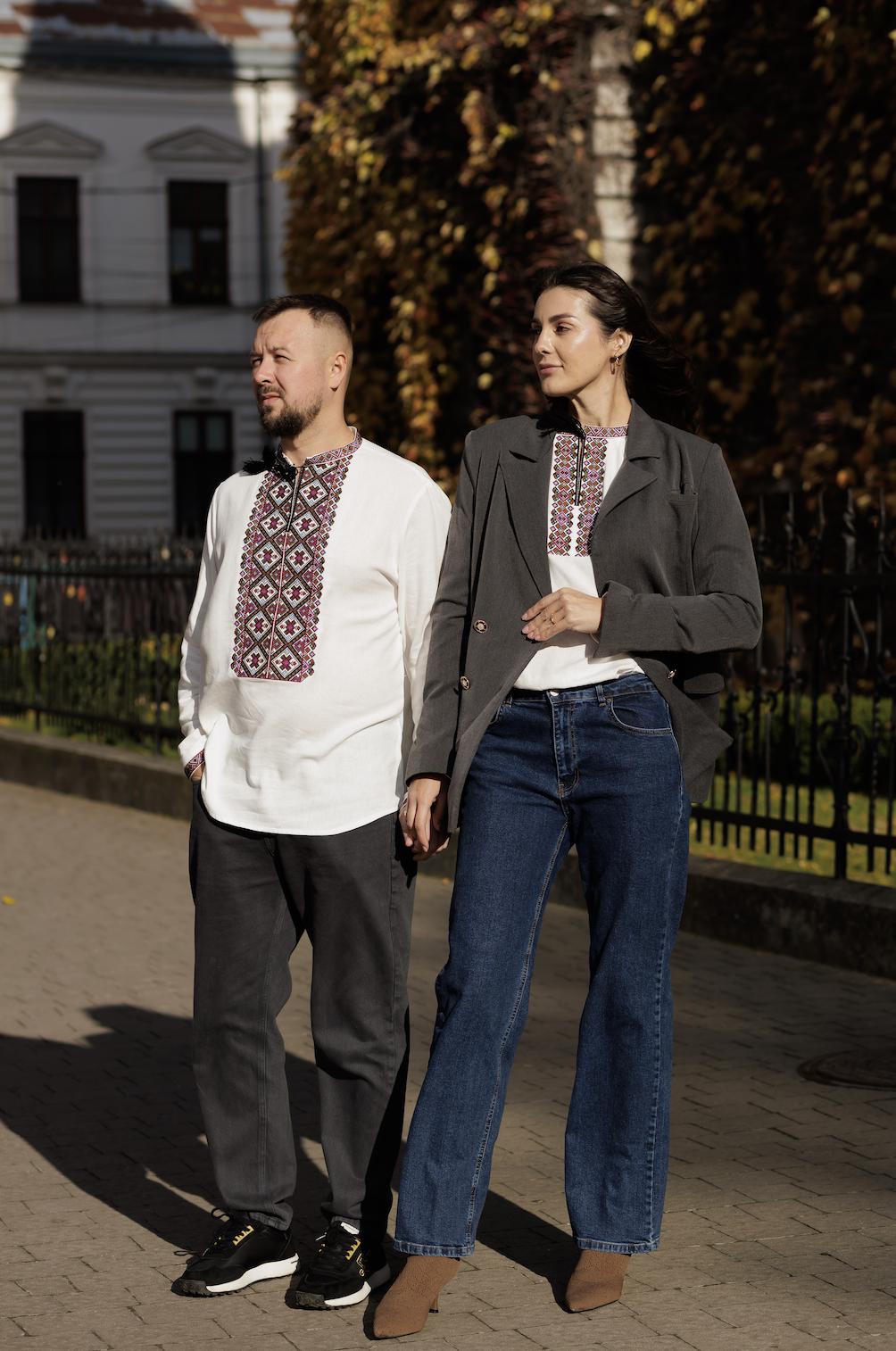 Men’s Ukrainian Embroidered Shirt | Linen Viscose Vyshyvanka | Podillia Geometric Folk Pattern | Handmade Custom Size | Matching Couple Set