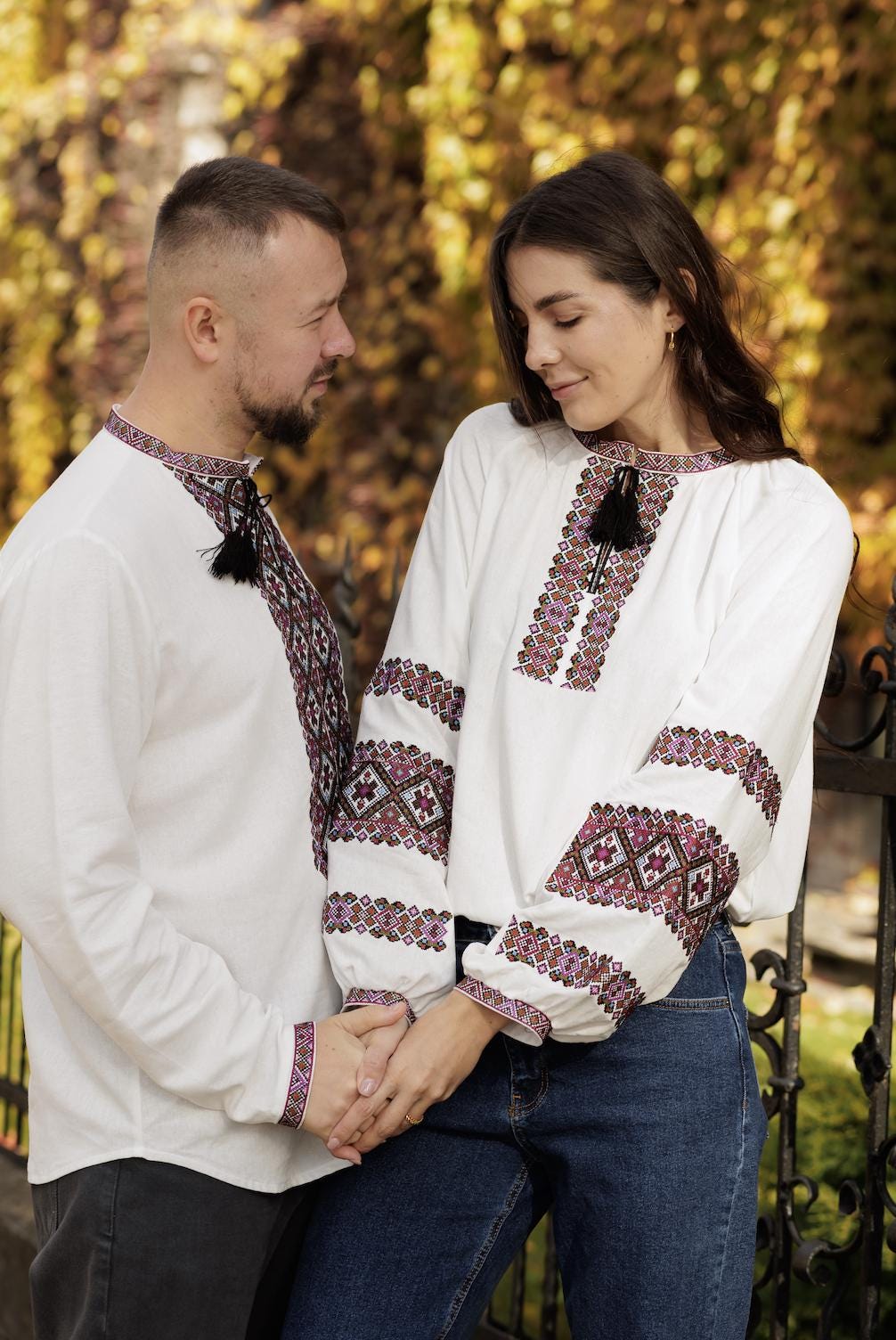 Men’s Ukrainian Embroidered Shirt | Linen Viscose Vyshyvanka | Podillia Geometric Folk Pattern | Handmade Custom Size | Matching Couple Set