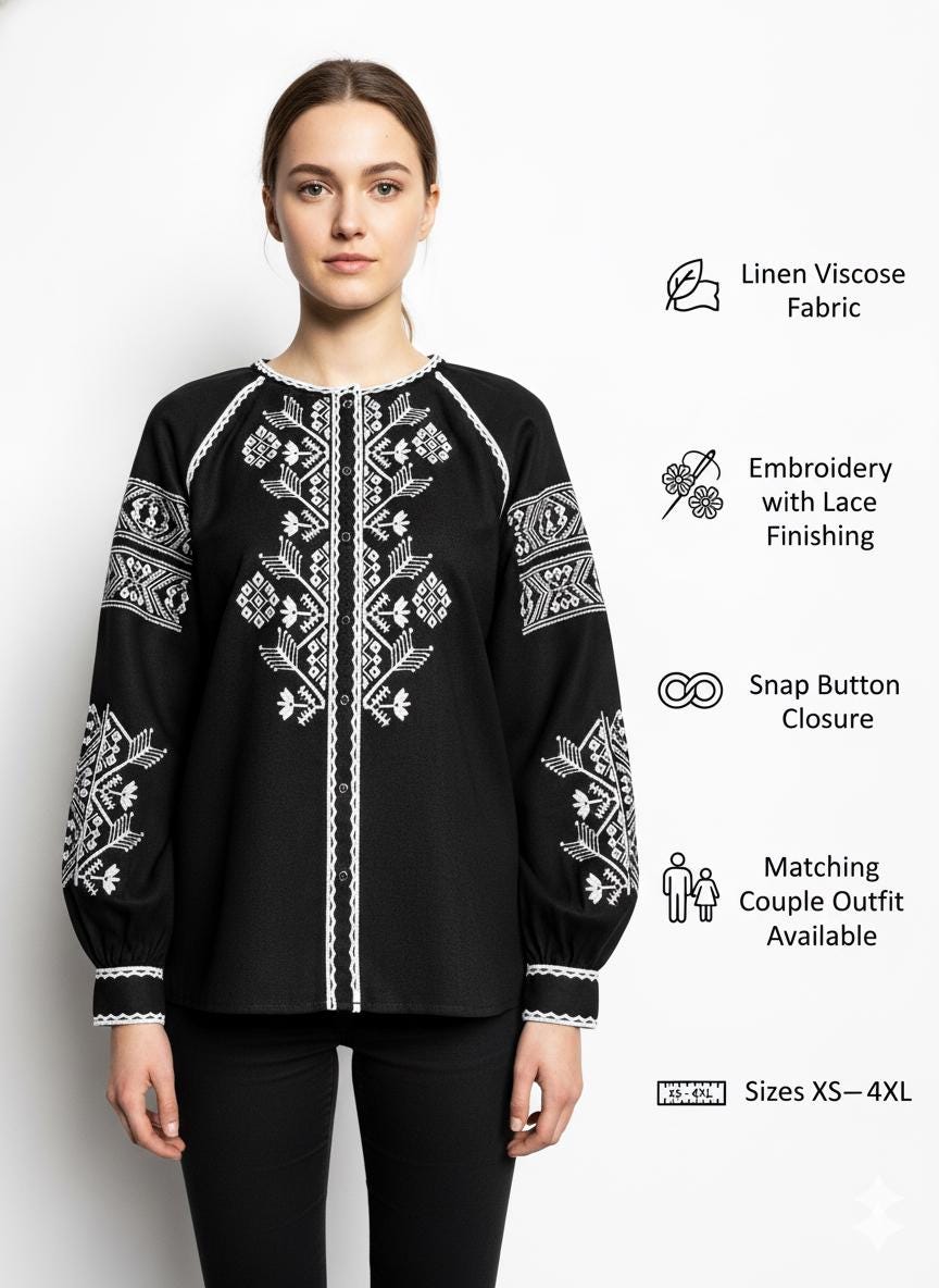 Black Embroidered Blouse for Women | Ukrainian Vyshyvanka | Machine Embroidery