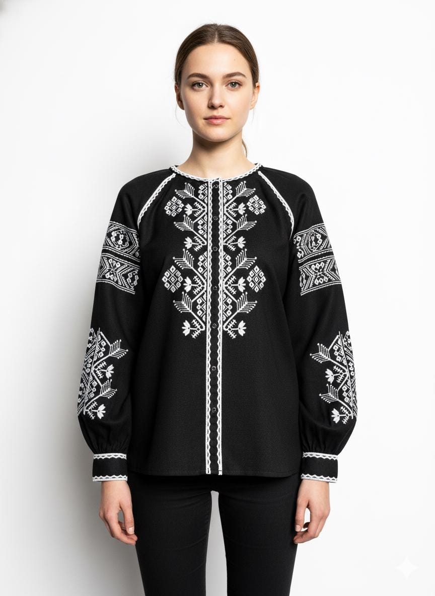Black Embroidered Blouse for Women | Ukrainian Vyshyvanka | Machine Embroidery