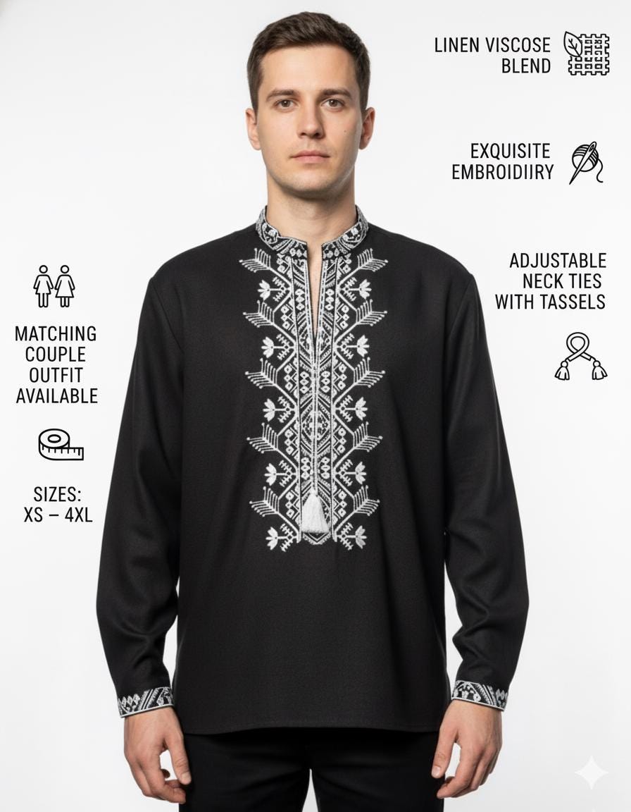Black Embroidered Shirt for Men | Ukrainian Vyshyvanka | Machine Embroidery | Matching Couple Outfit | Handmade Gift from Ukraine