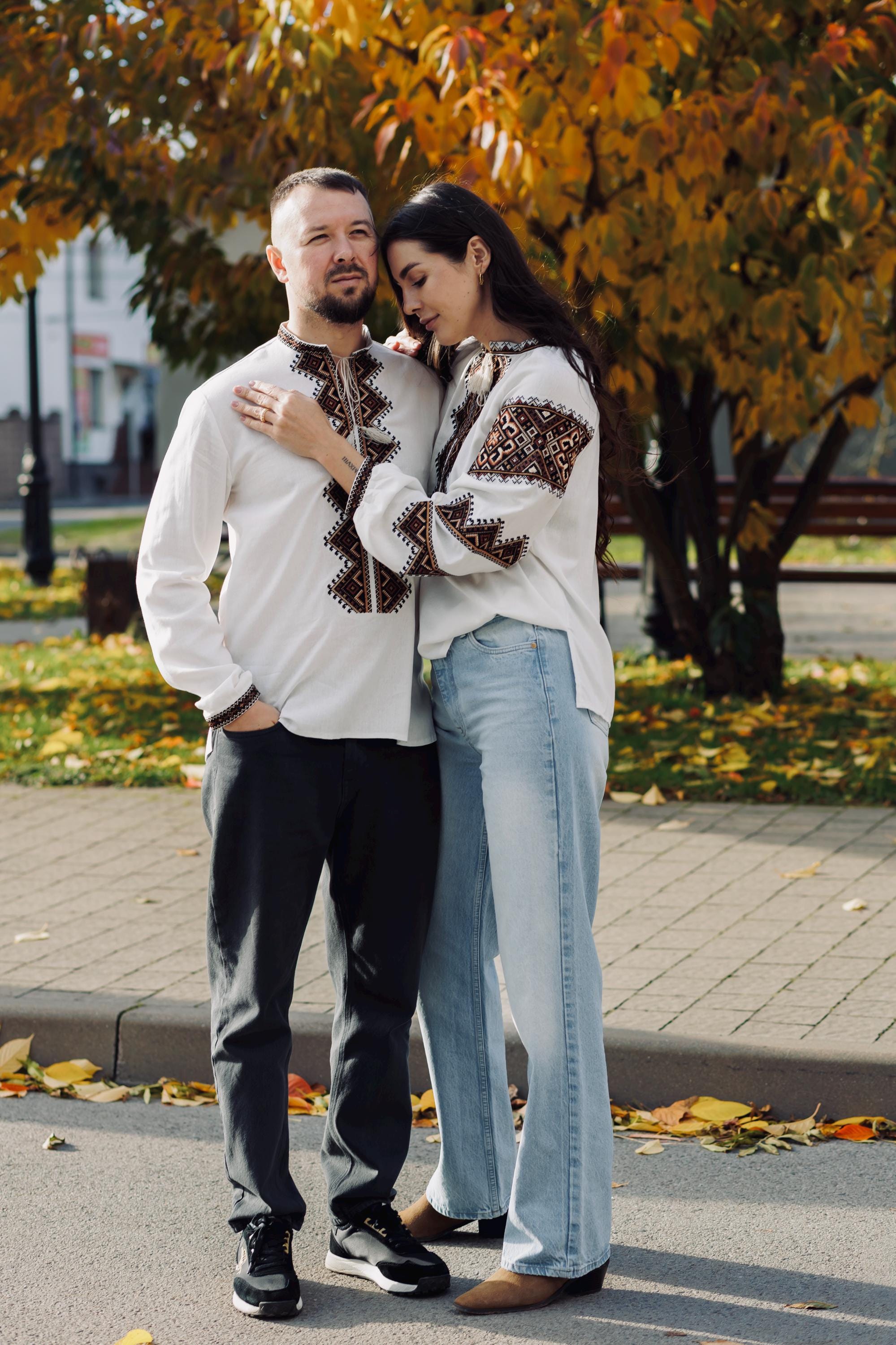Men’s Brown Linen Embroidered Shirt | Ukrainian Folk Geometric Pattern | 70/30 Linen-Viscose