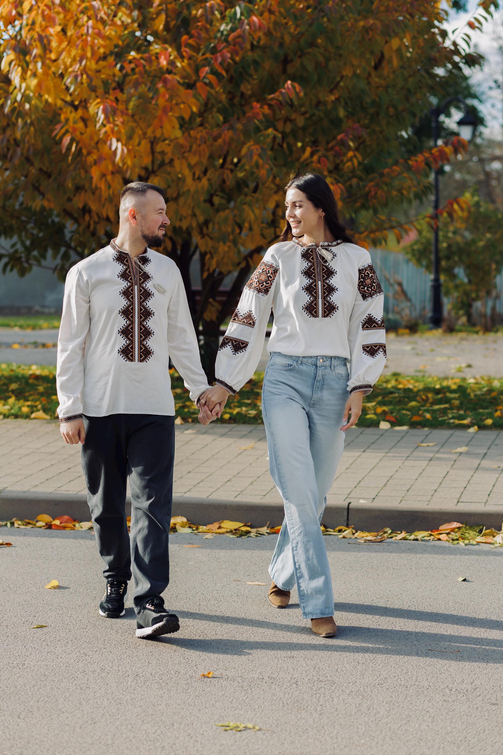 Men’s Brown Linen Embroidered Shirt | Ukrainian Folk Geometric Pattern | 70/30 Linen-Viscose