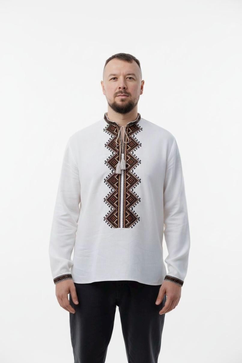 Men’s Brown Linen Embroidered Shirt | Ukrainian Folk Geometric Pattern | 70/30 Linen-Viscose