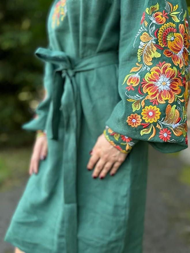 Green Linen Midi Dress, Embroidered Vyshyvanka, Boho Knee Length Robe, Floral Peasant Tunic