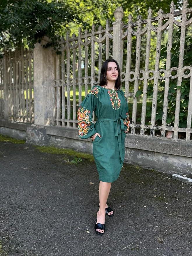 Green Linen Midi Dress, Embroidered Vyshyvanka, Boho Knee Length Robe, Floral Peasant Tunic