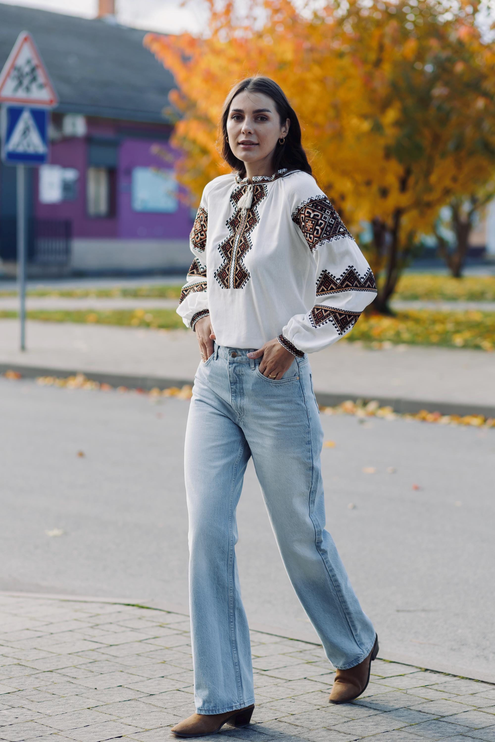 Women’s Brown Embroidered Linen Top | Traditional Ukrainian Folk Blouse