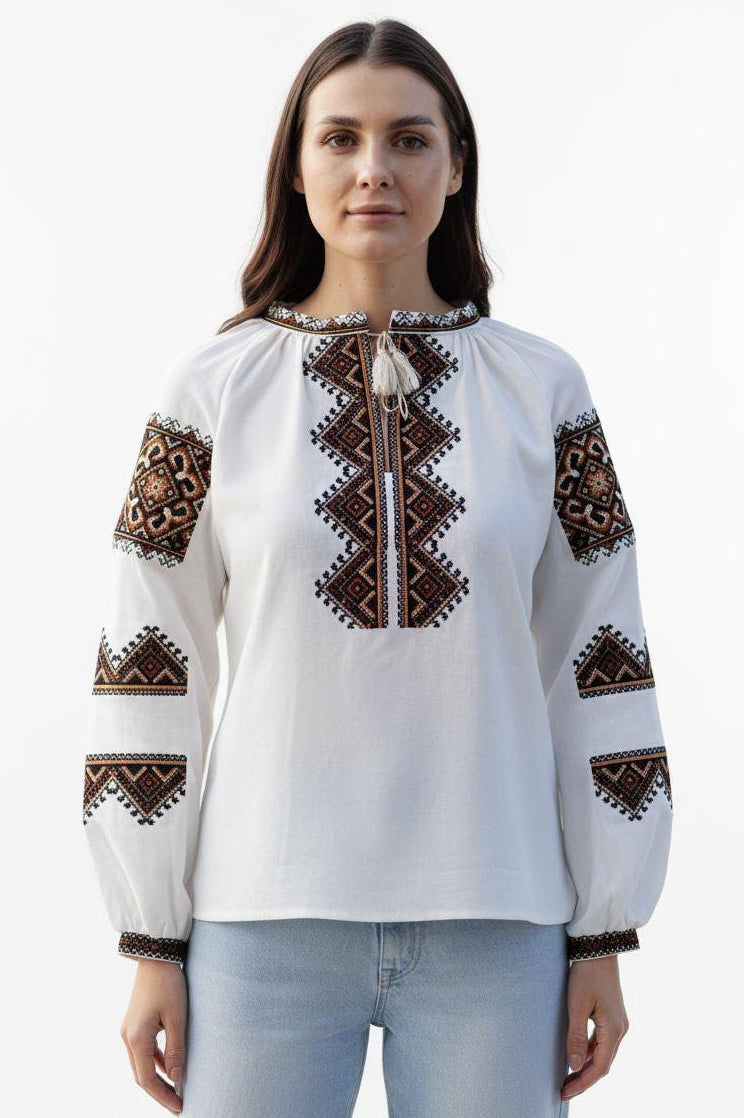 Women’s Brown Embroidered Linen Top | Traditional Ukrainian Folk Blouse