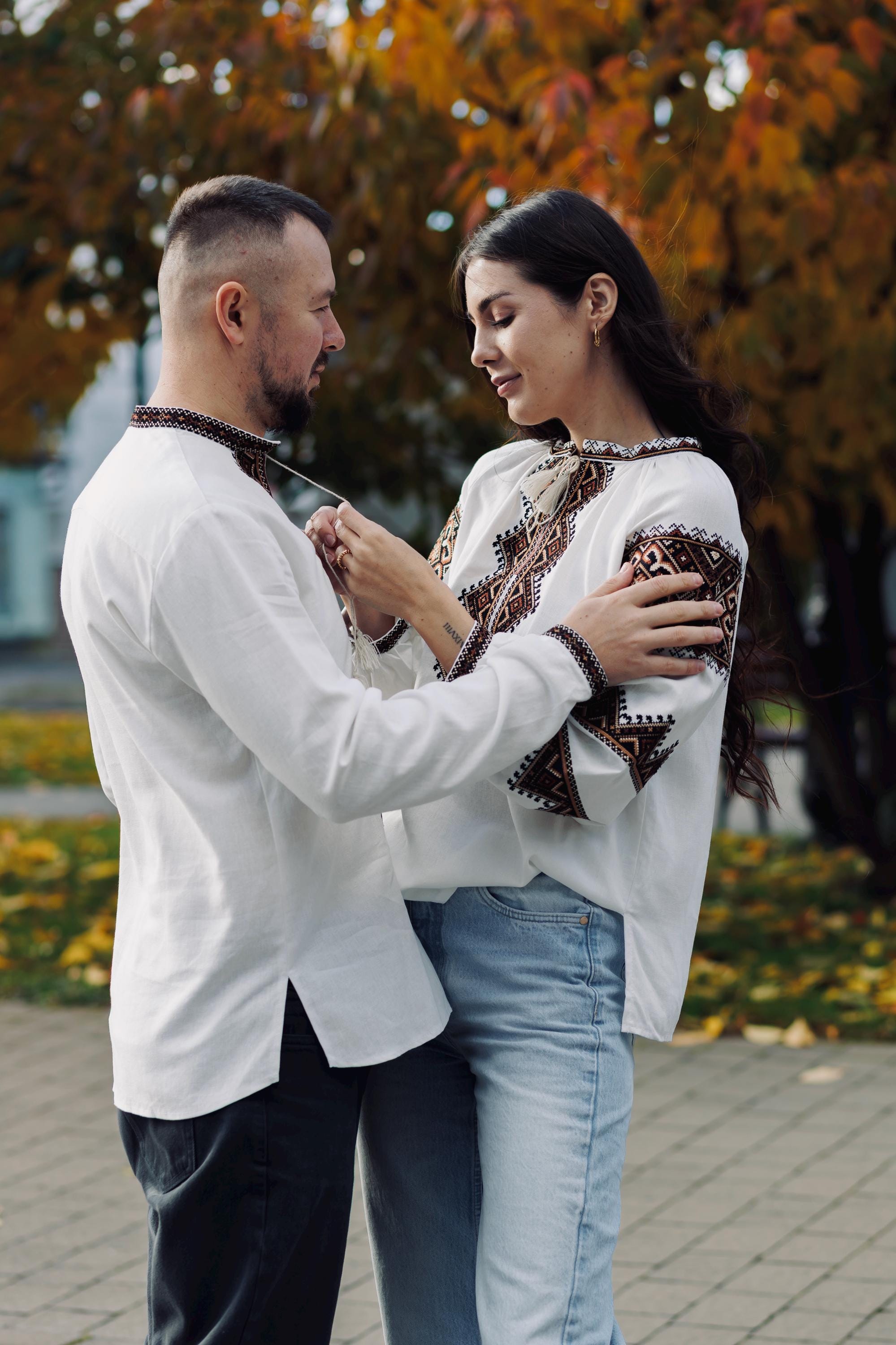 Men’s Brown Linen Embroidered Shirt | Ukrainian Folk Geometric Pattern | 70/30 Linen-Viscose