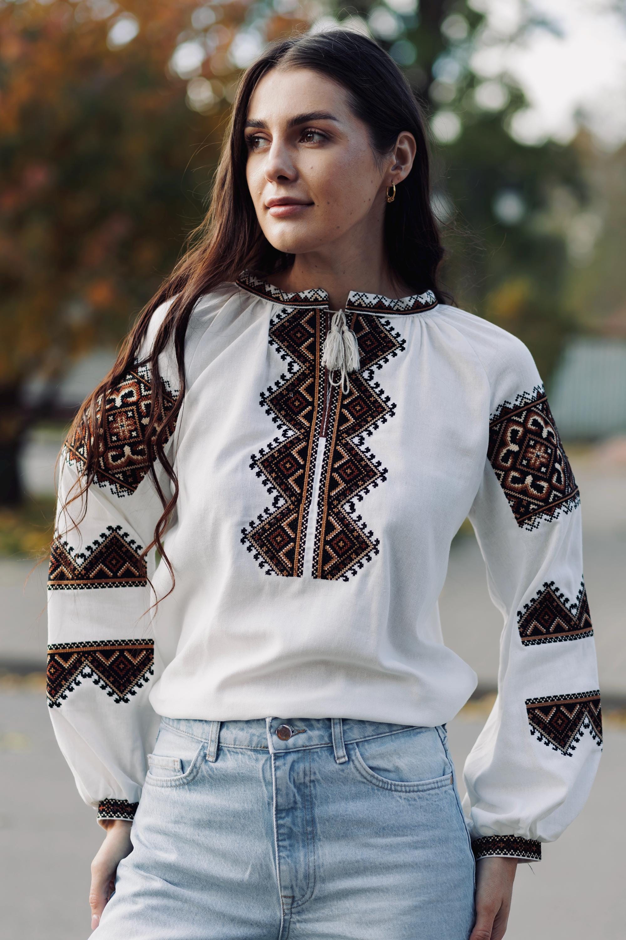 Men’s Brown Linen Embroidered Shirt | Ukrainian Folk Geometric Pattern | 70/30 Linen-Viscose