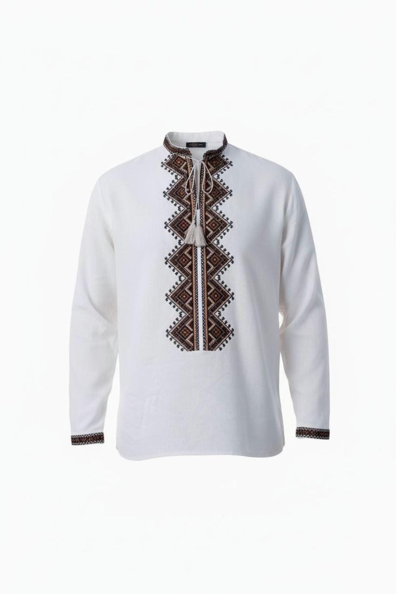 Men’s Brown Linen Embroidered Shirt | Ukrainian Folk Geometric Pattern | 70/30 Linen-Viscose