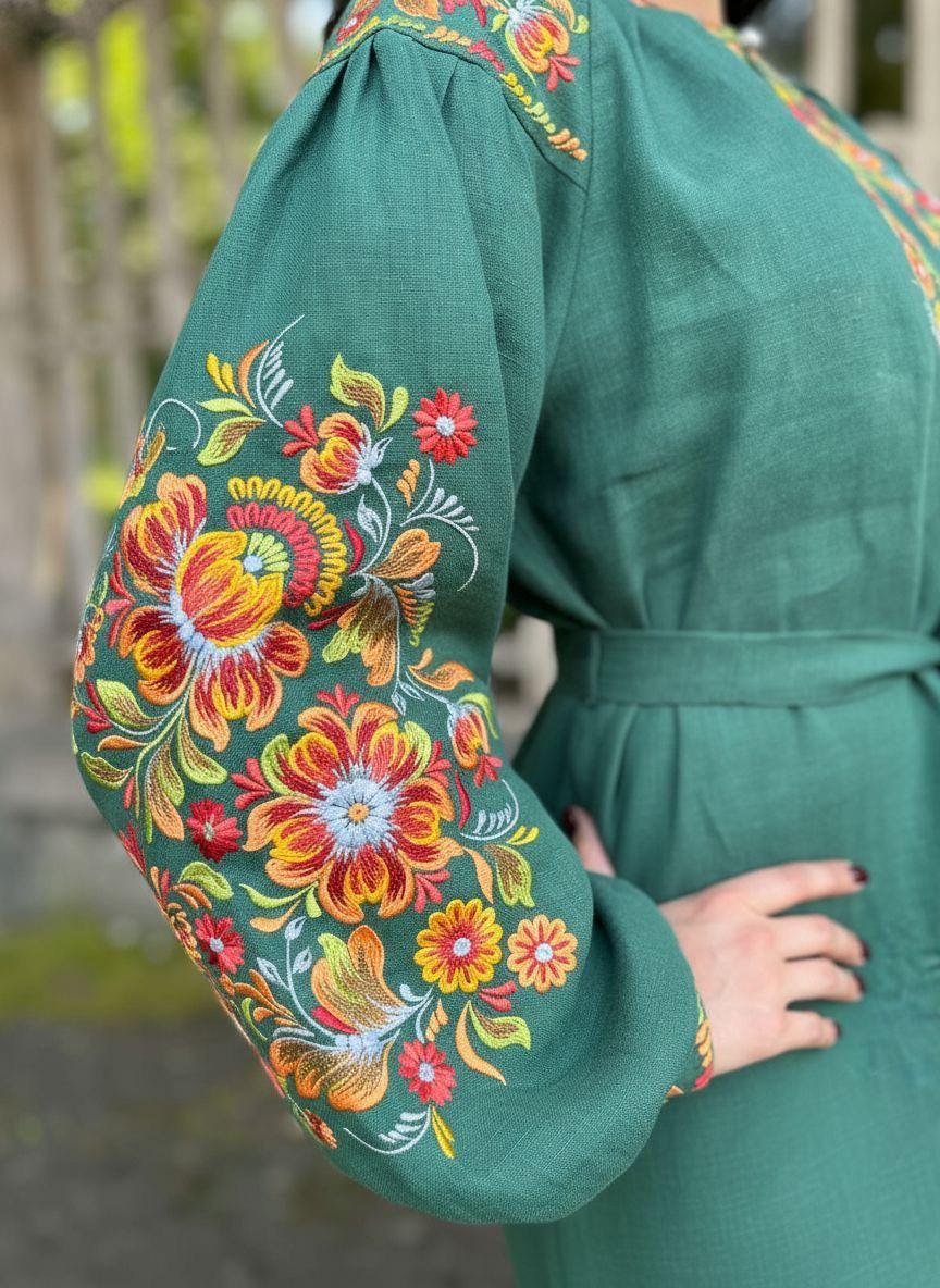 Green Linen Midi Dress, Embroidered Vyshyvanka, Boho Knee Length Robe, Floral Peasant Tunic