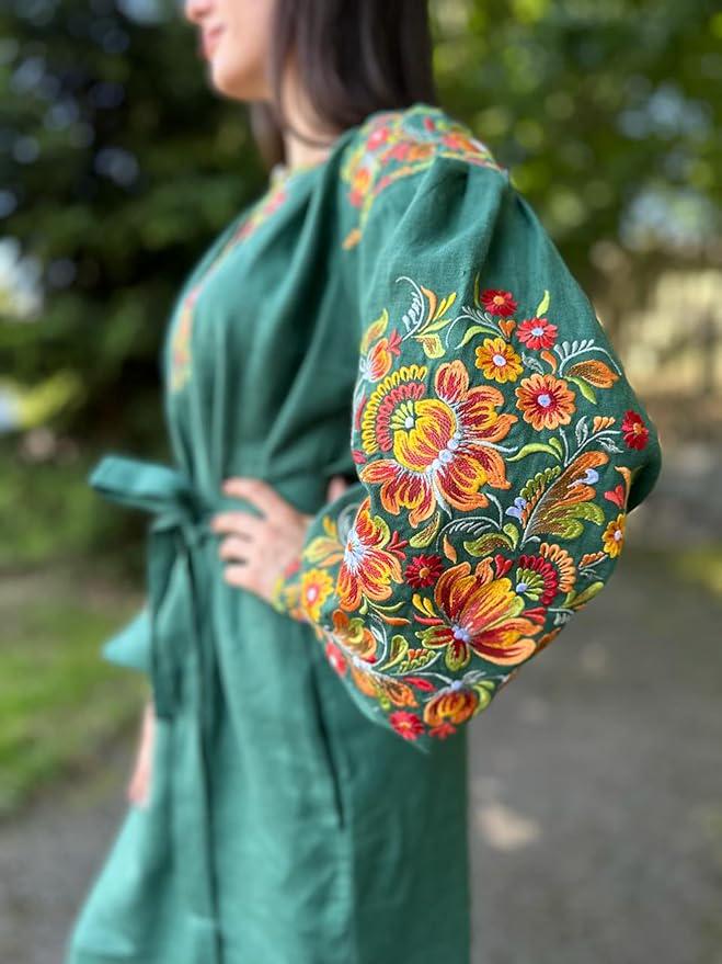 Green Linen Midi Dress, Embroidered Vyshyvanka, Boho Knee Length Robe, Floral Peasant Tunic
