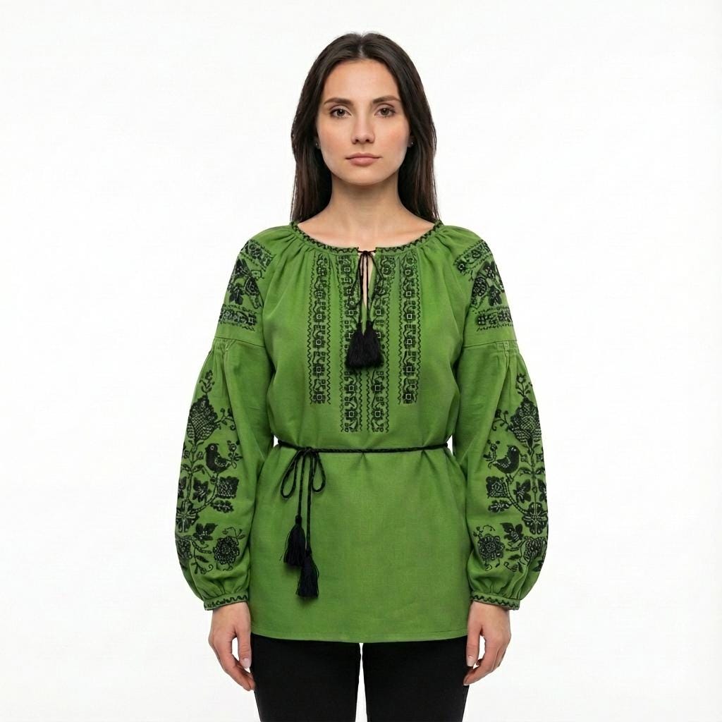 Green Boho Blouse, Black Bird Embroidery, Tree of Life Shirt, Ukrainian Vyshyvanka, Cotton Blend Tunic, Folk Festival Top, Custom Size Gift