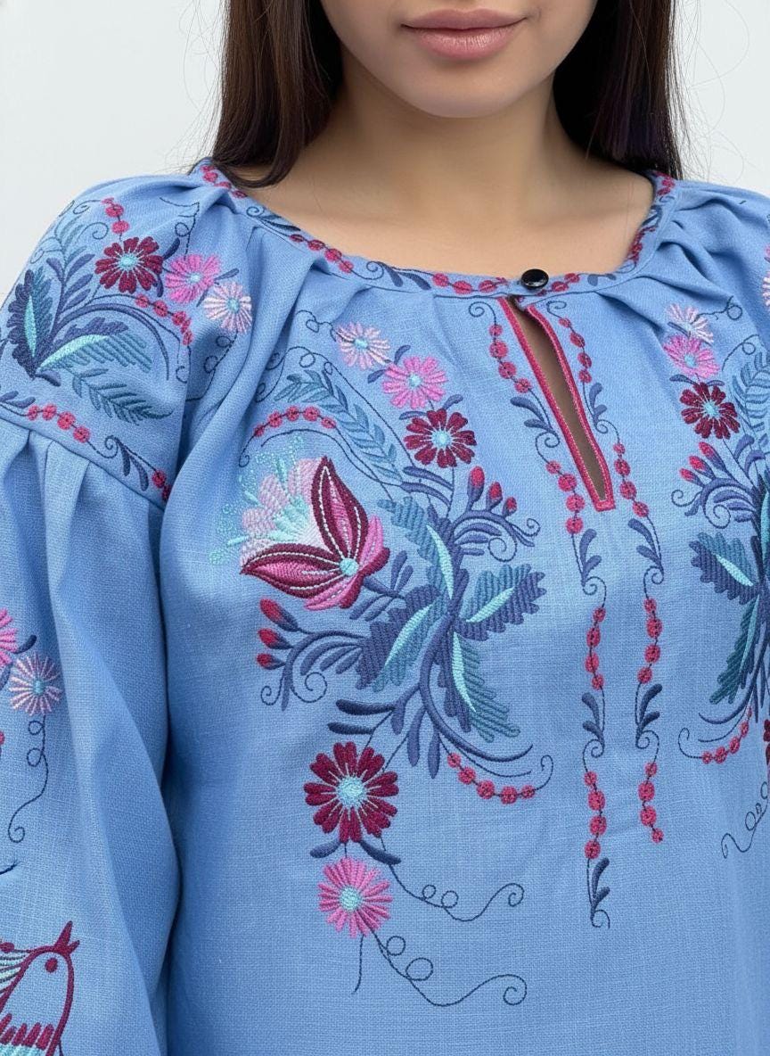 Blue Linen Vyshyvanka, Petrykivka Floral Boho Top, Ukrainian Embroidered Blouse, Folk Peasant Shirt,
