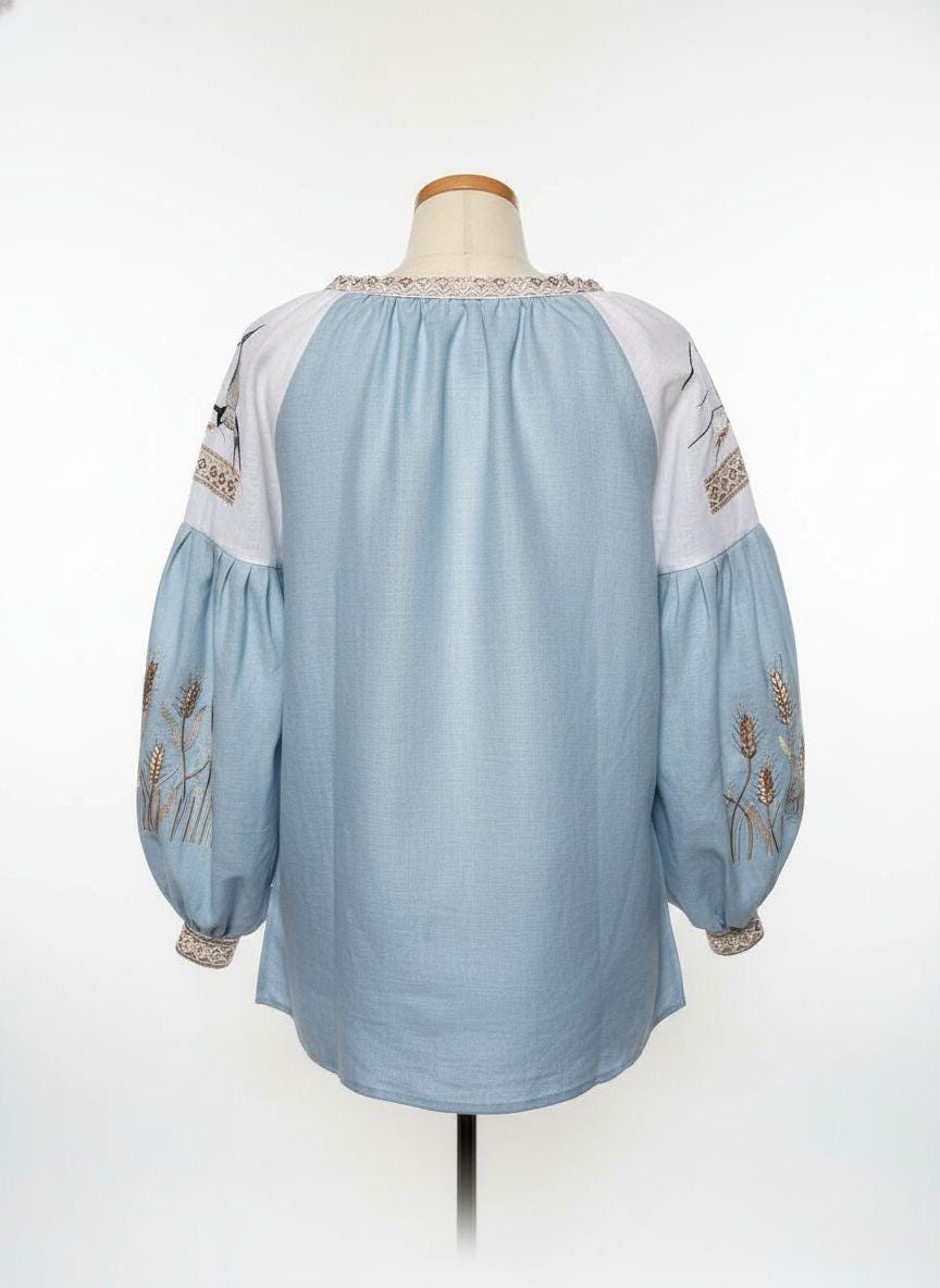 Custom Linen Blouse, Wheat Ear Embroidery, Blue White Boho Top, Ukrainian Vyshyvanka, Folk Peasant Tunic, Plus Size Shirt, Personalized Gift