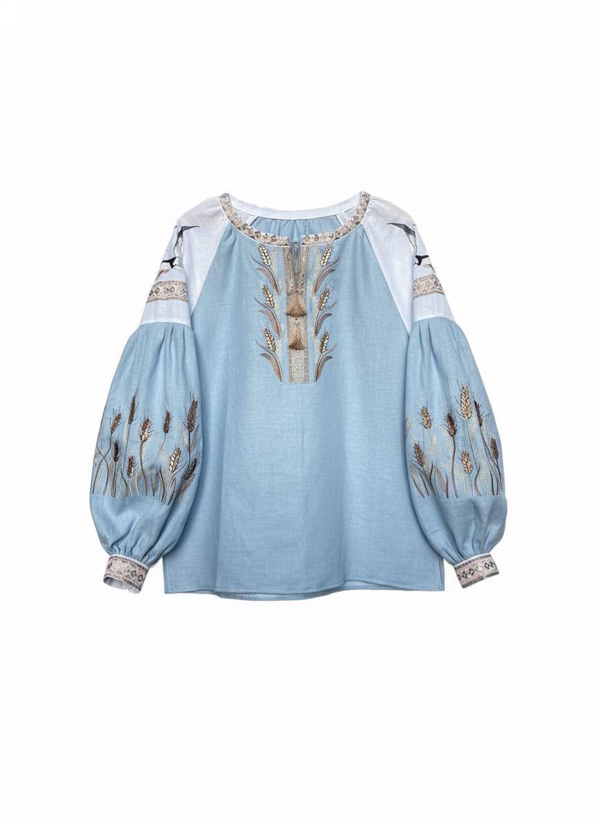 Custom Linen Blouse, Wheat Ear Embroidery, Blue White Boho Top, Ukrainian Vyshyvanka, Folk Peasant Tunic, Plus Size Shirt, Personalized Gift