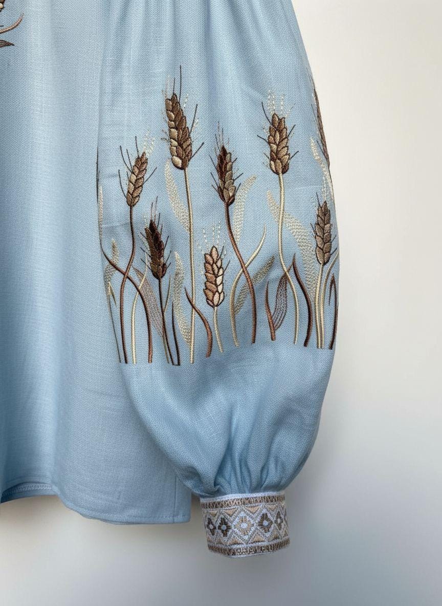 Custom Linen Blouse, Wheat Ear Embroidery, Blue White Boho Top, Ukrainian Vyshyvanka, Folk Peasant Tunic, Plus Size Shirt, Personalized Gift