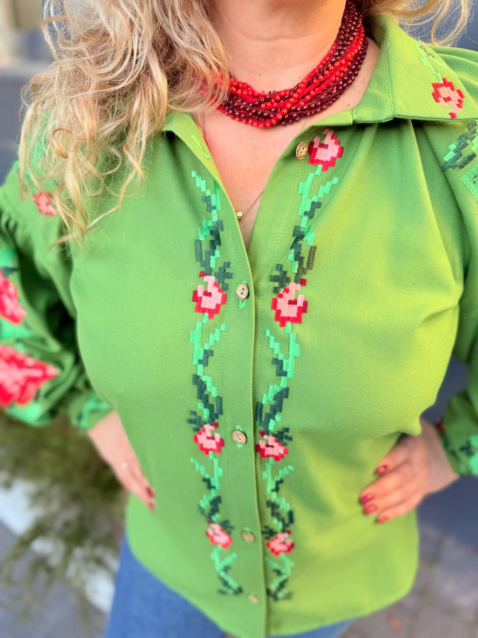 Handcrafted Floral Shirt, Green Boho Top with Roses, Custom Linen Blouse, Premium Embroidered Vyshyvanka, Summer Folk Tunic, Gift for Her