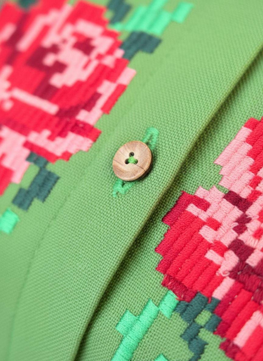 Handcrafted Floral Shirt, Green Boho Top with Roses, Custom Linen Blouse, Premium Embroidered Vyshyvanka, Summer Folk Tunic, Gift for Her