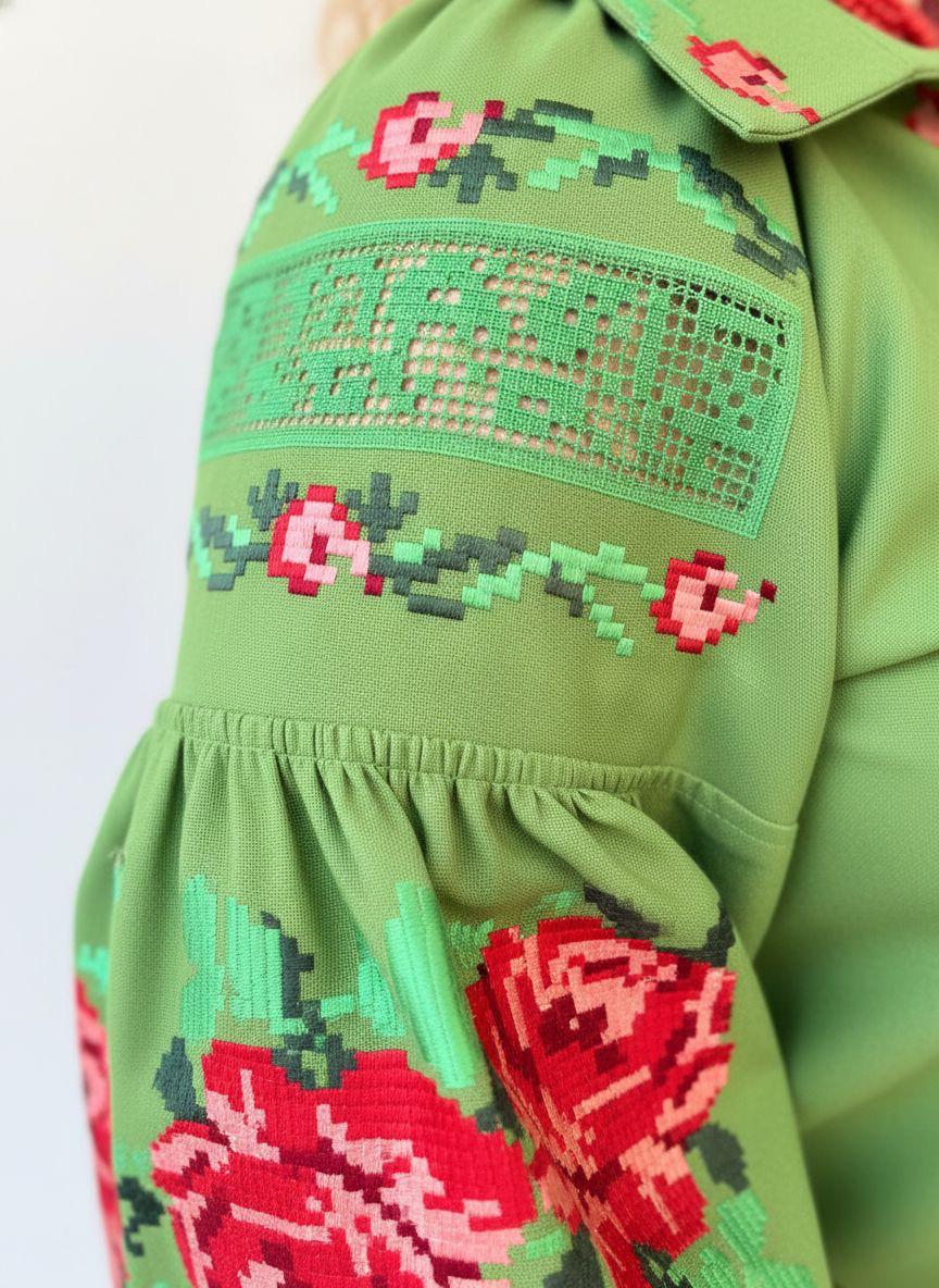 Handcrafted Floral Shirt, Green Boho Top with Roses, Custom Linen Blouse, Premium Embroidered Vyshyvanka, Summer Folk Tunic, Gift for Her