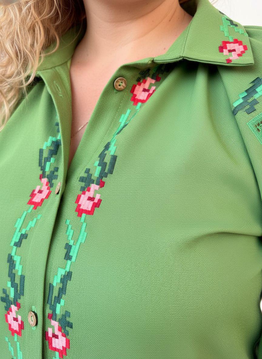 Handcrafted Floral Shirt, Green Boho Top with Roses, Custom Linen Blouse, Premium Embroidered Vyshyvanka, Summer Folk Tunic, Gift for Her