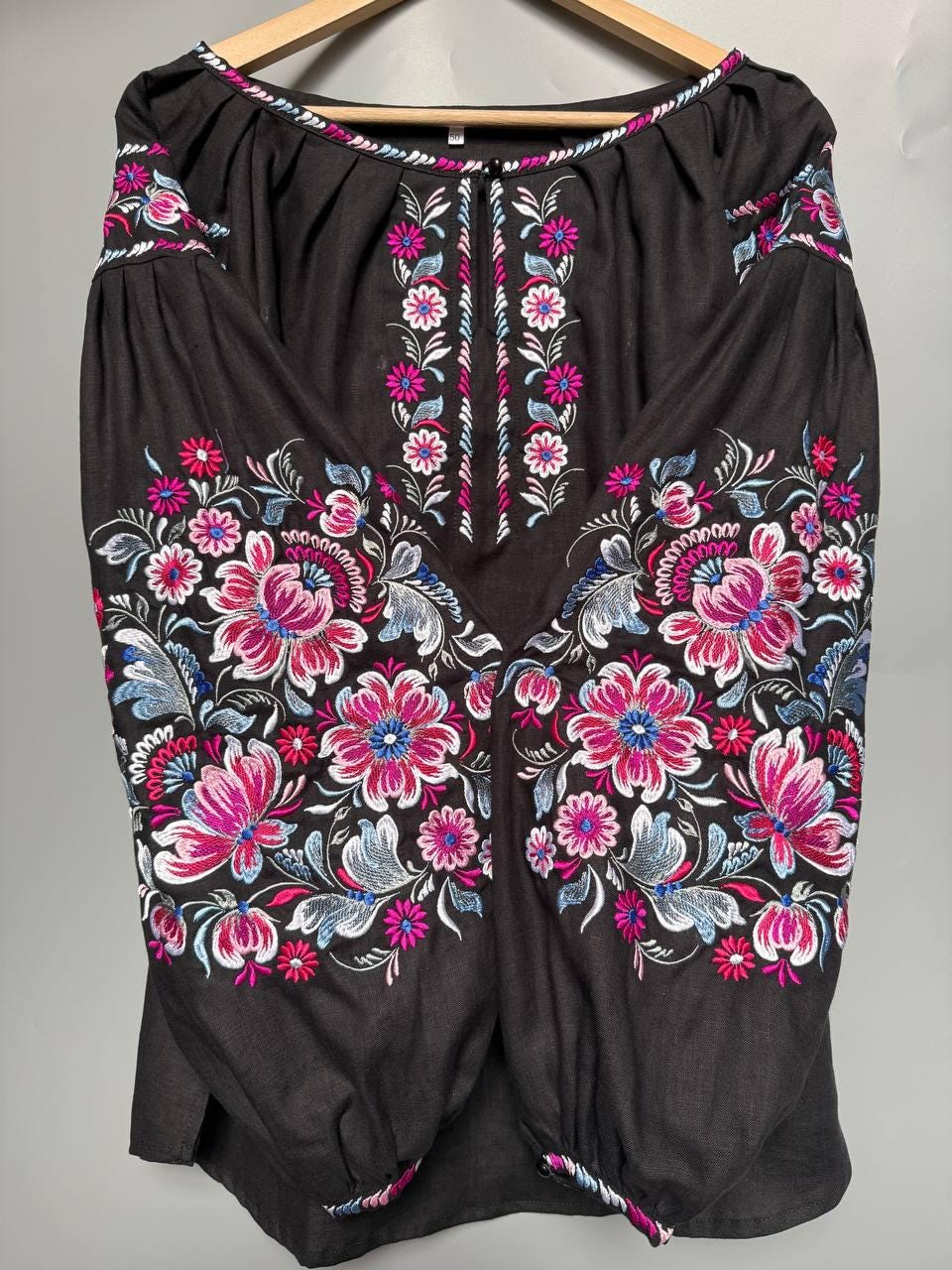 Handcrafted Linen Top, Black Boho Shirt, Pink Floral Embroidery, Ukrainian Blouse, Festival Outfit, Personalized Gift