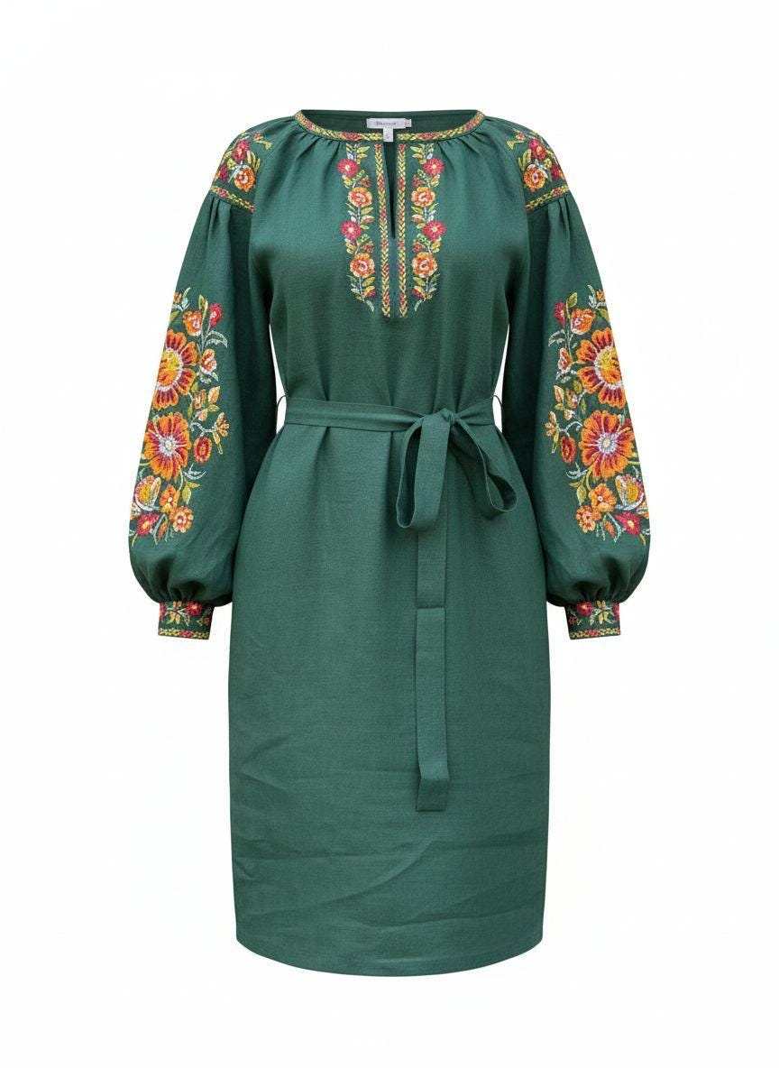 Green Linen Midi Dress, Embroidered Vyshyvanka, Boho Knee Length Robe, Floral Peasant Tunic